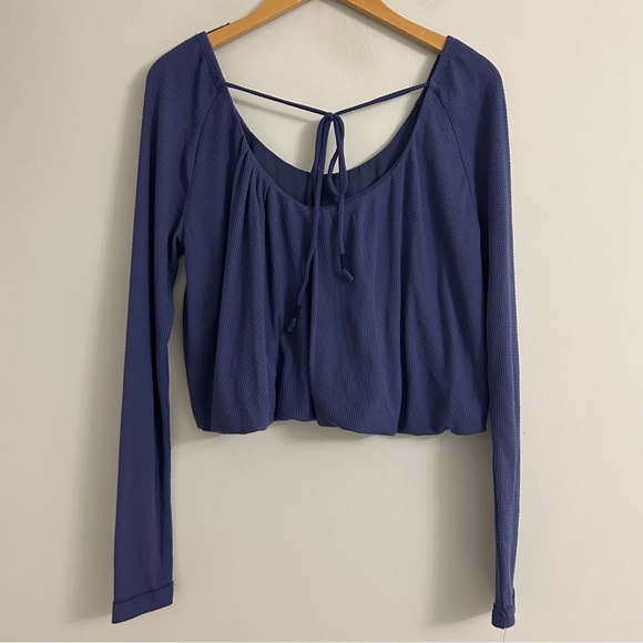 Free People We The Free Bondi Waffle Thermal Bubble Hem Top Blue - Picture 4 of 7